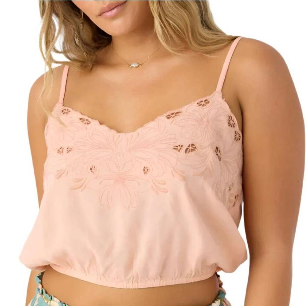 NWOT O'Neill Women's Lisbon Tank Top: Coral Pink Embroidered Neckline Feminine